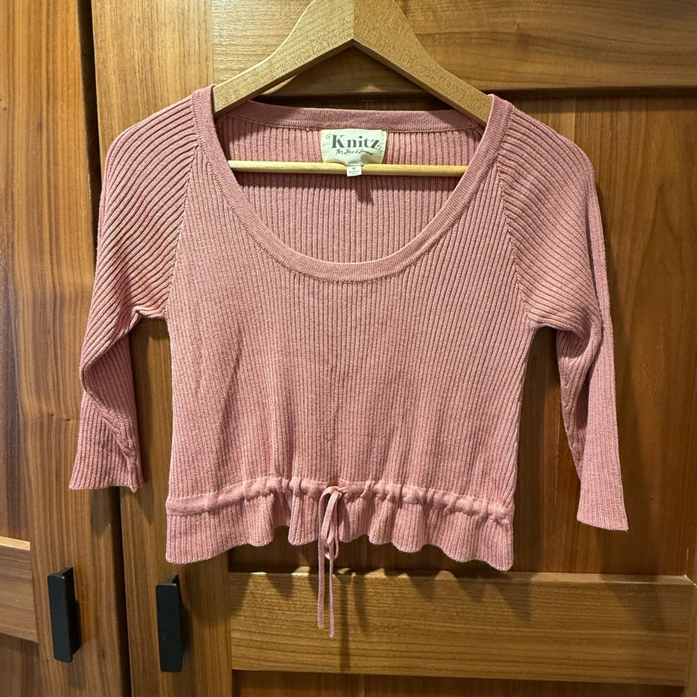 For Love and Lemons Knitz Pink ribbed drawstring top.
